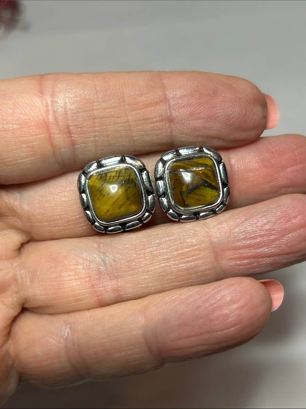 Square Tiger's Eye Cabochon Silver-Tone Stud Clipon Earrings - Yellow Brown